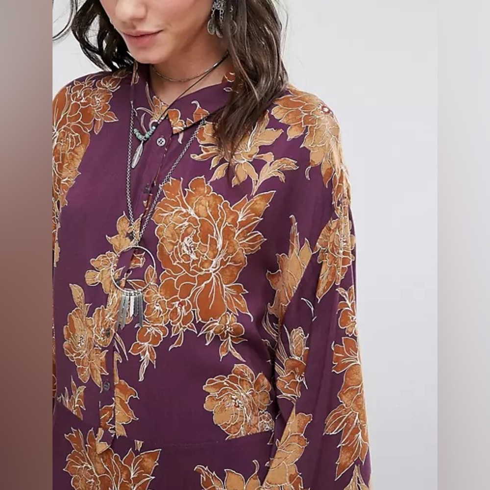 Free People Shake It Purple Fall Floral Mini Dress w pockets S - Picture 7 of 8